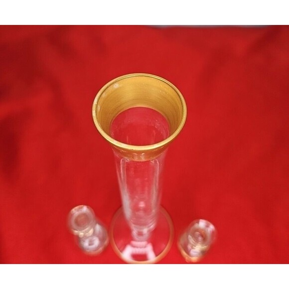 Crystal Bud Vase Set of 3 Gold 24K Trim Mini Footed Slender Flute - Picture 6 of 13
